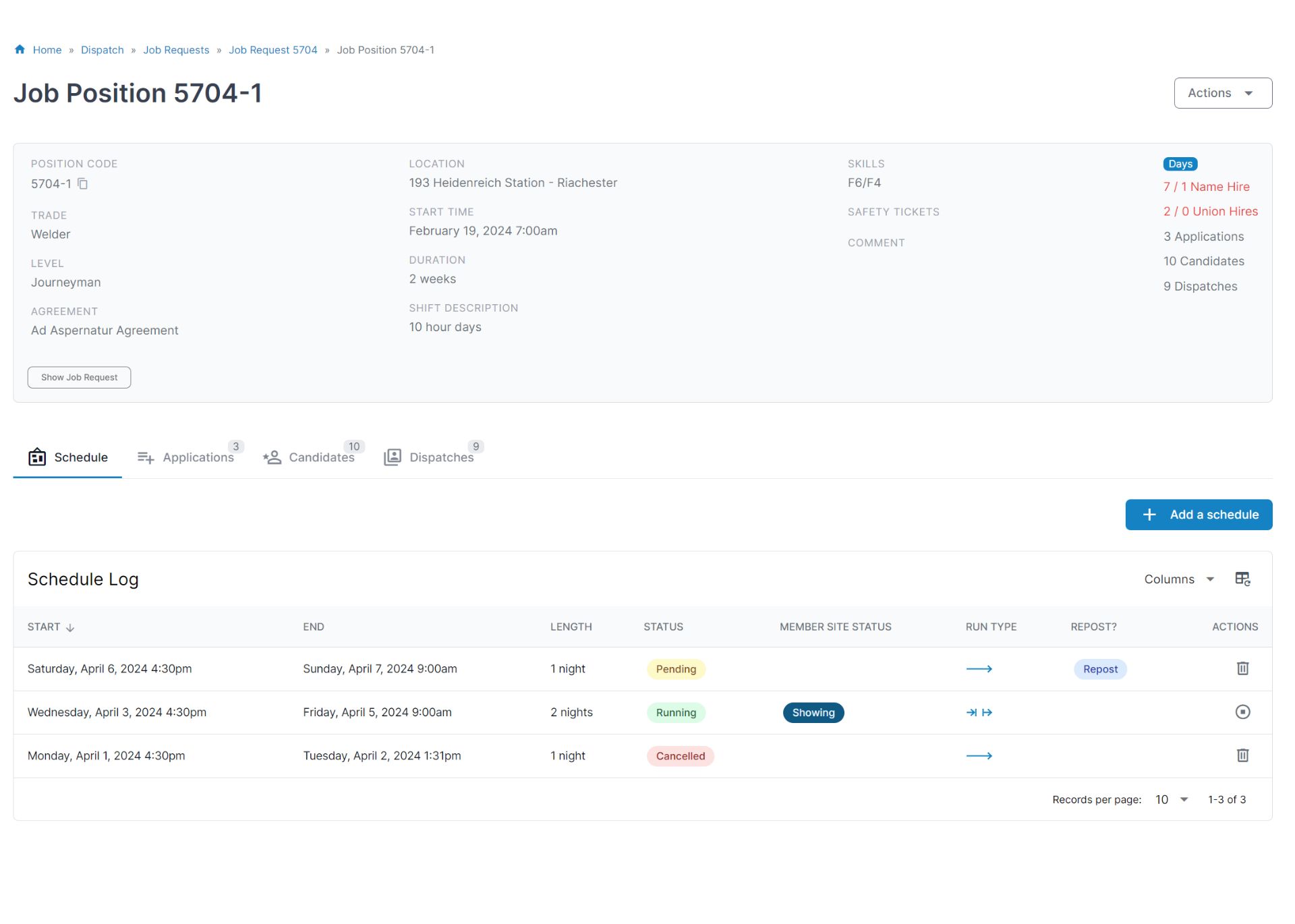 A Unio job position showing trade, level, agreement, and the schedule log for a dispatch