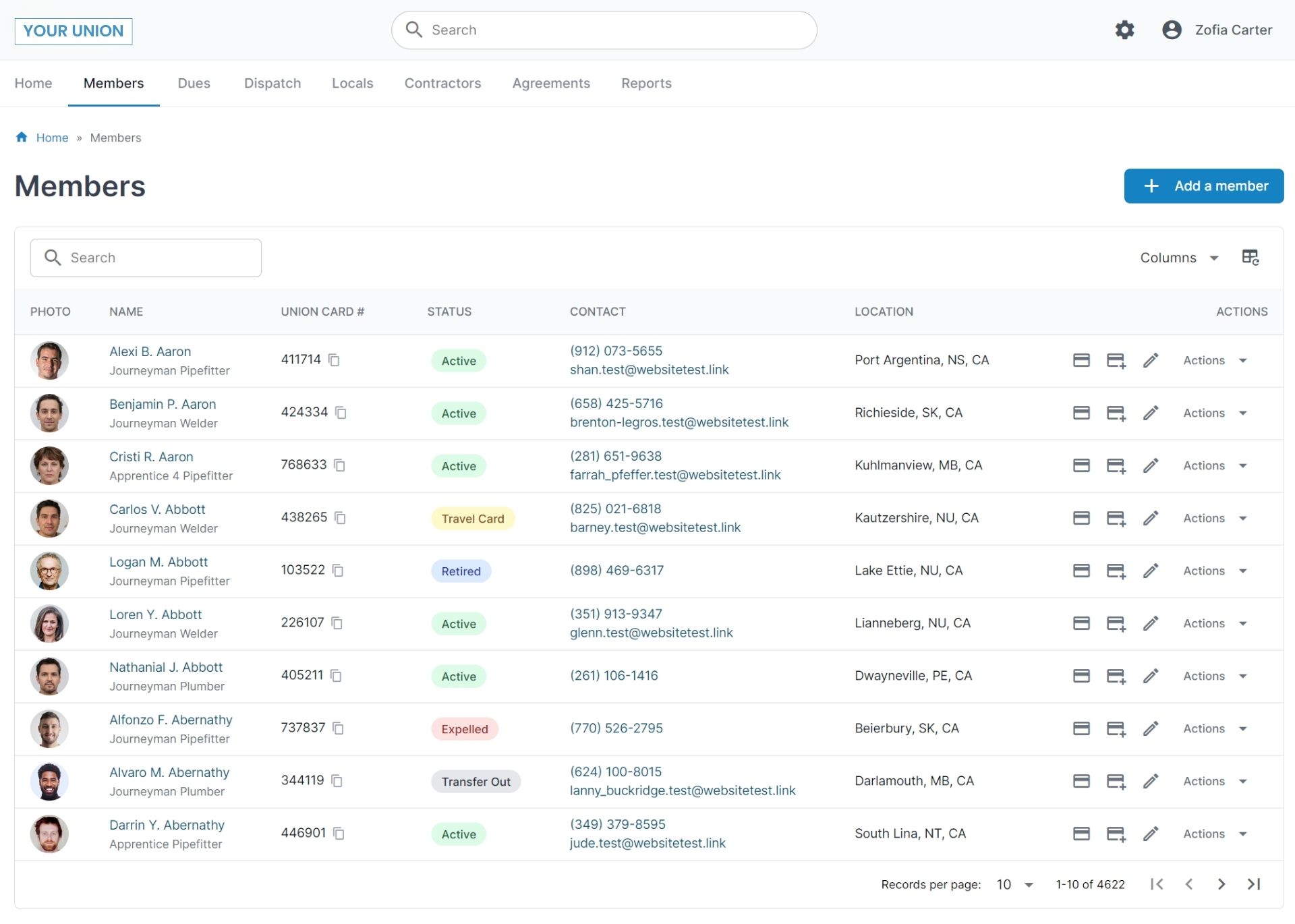 The Unio members list showing status, classification, and contact details for every member of a local